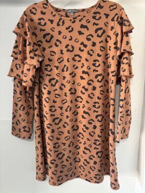 Simply Southern Brown Black Leopard Tiered Ruffle Sleeve Dress L Casual Animal
